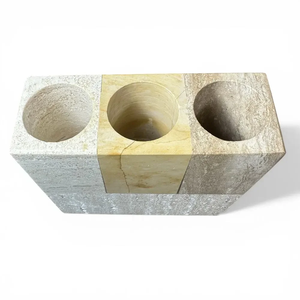 Luxury Travertine Marble Toothbrush Holder 3 Slot Heavy Stone Bathroom Spa Decor